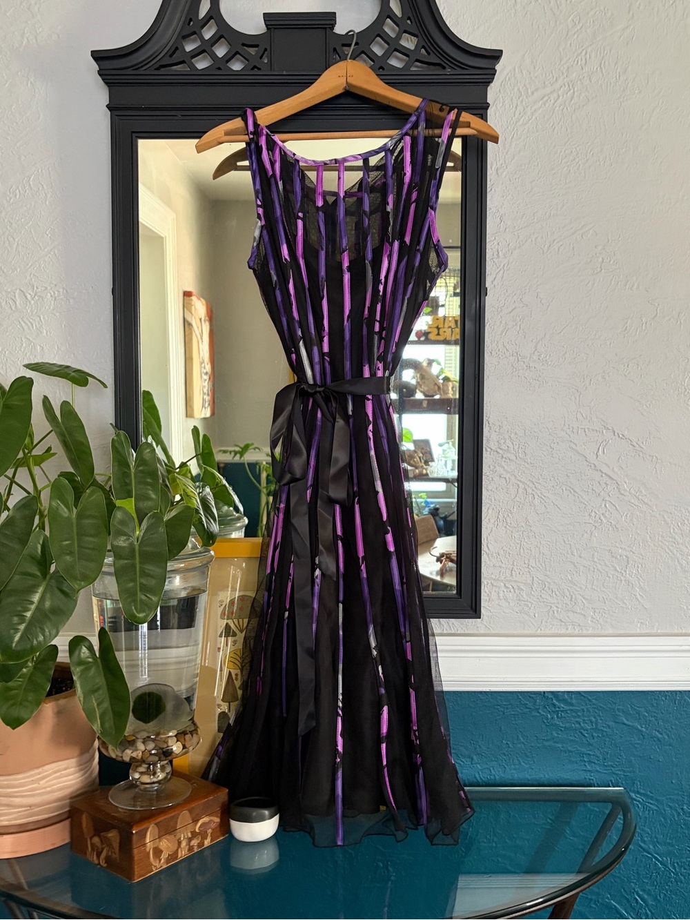 Sandra Darren Black Dress with Purple Stripes and Satin Waist Tie